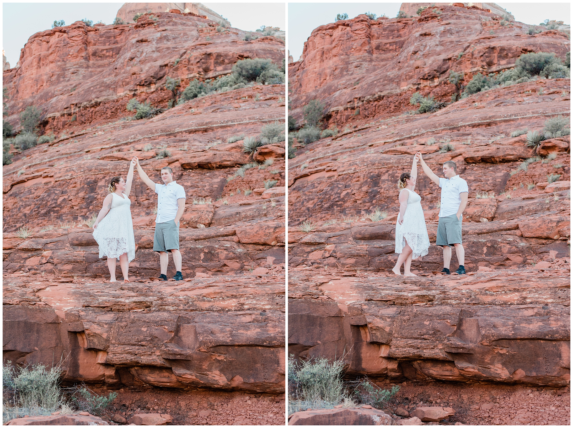 man and woman wearing white and dancing in front of mountain