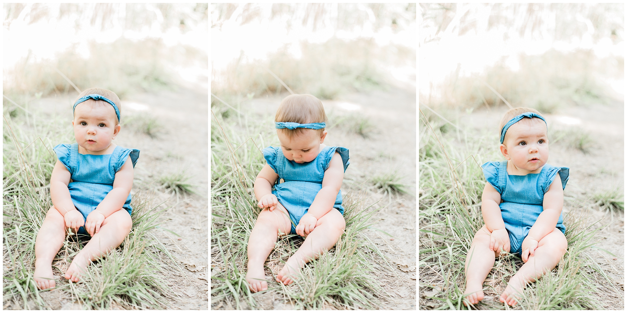 baby girl wearing denim blue dress sitting in the grass