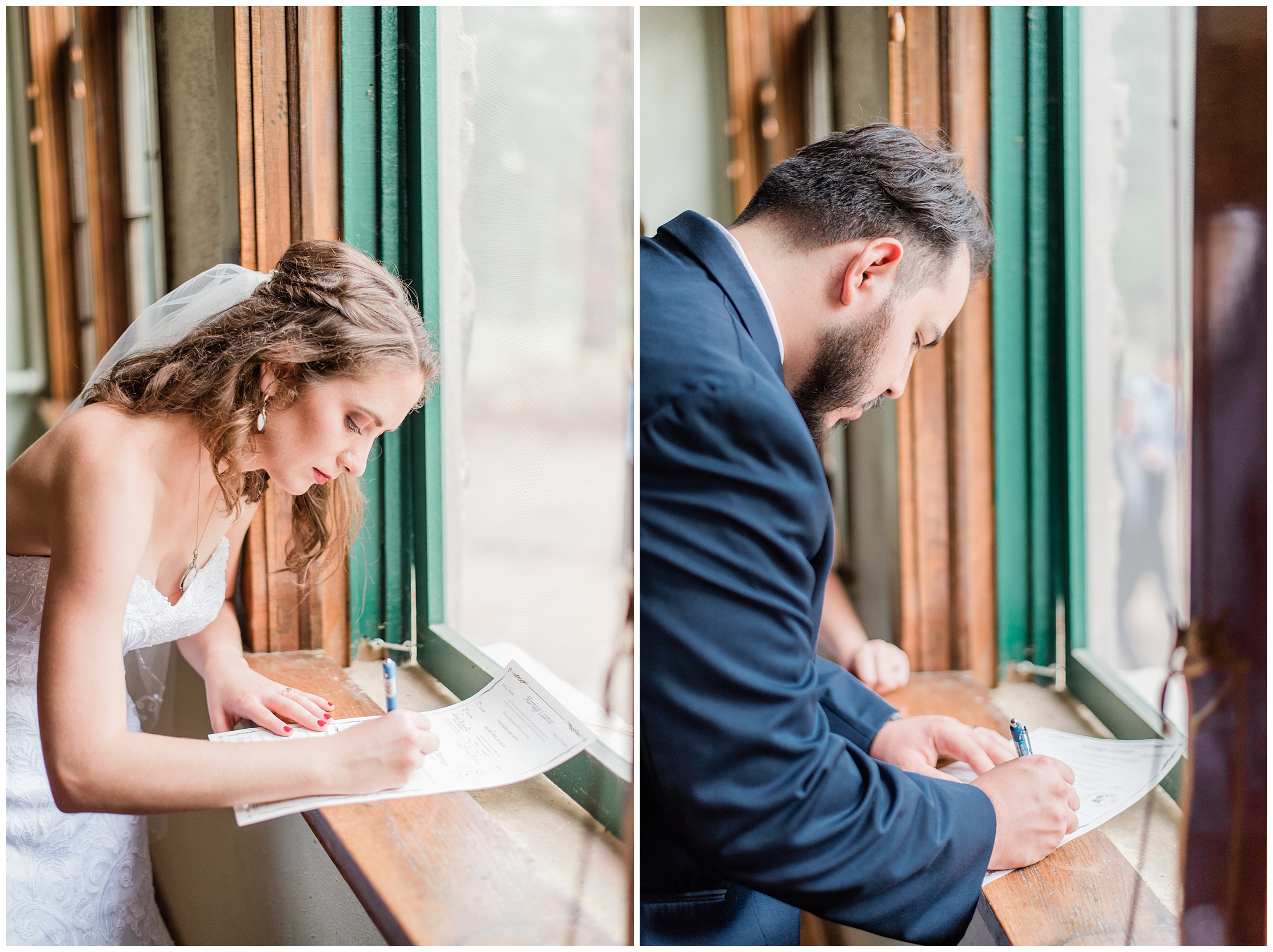 a man and woman signing a marriage license next to a window