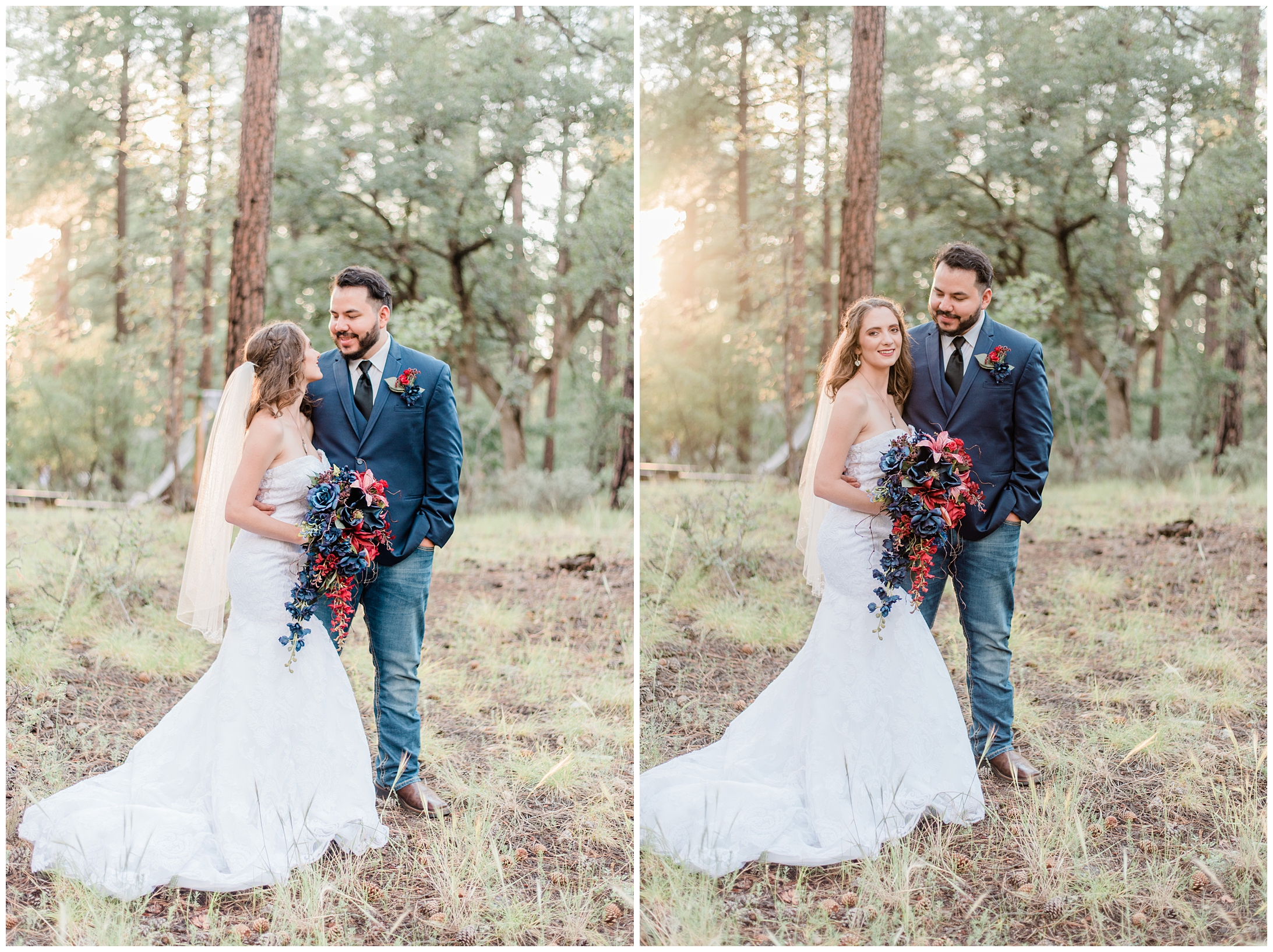 a bride and groom standing in the woods during sunset