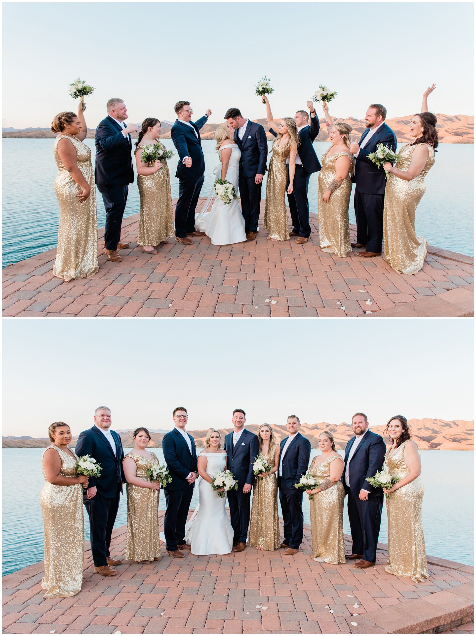a wedding party celebrating while bride and groom kiss in the middle