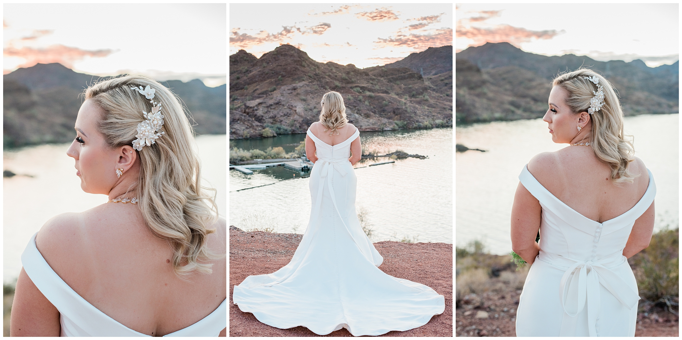 woman in white wedding dress with a lake in front of her during sunset