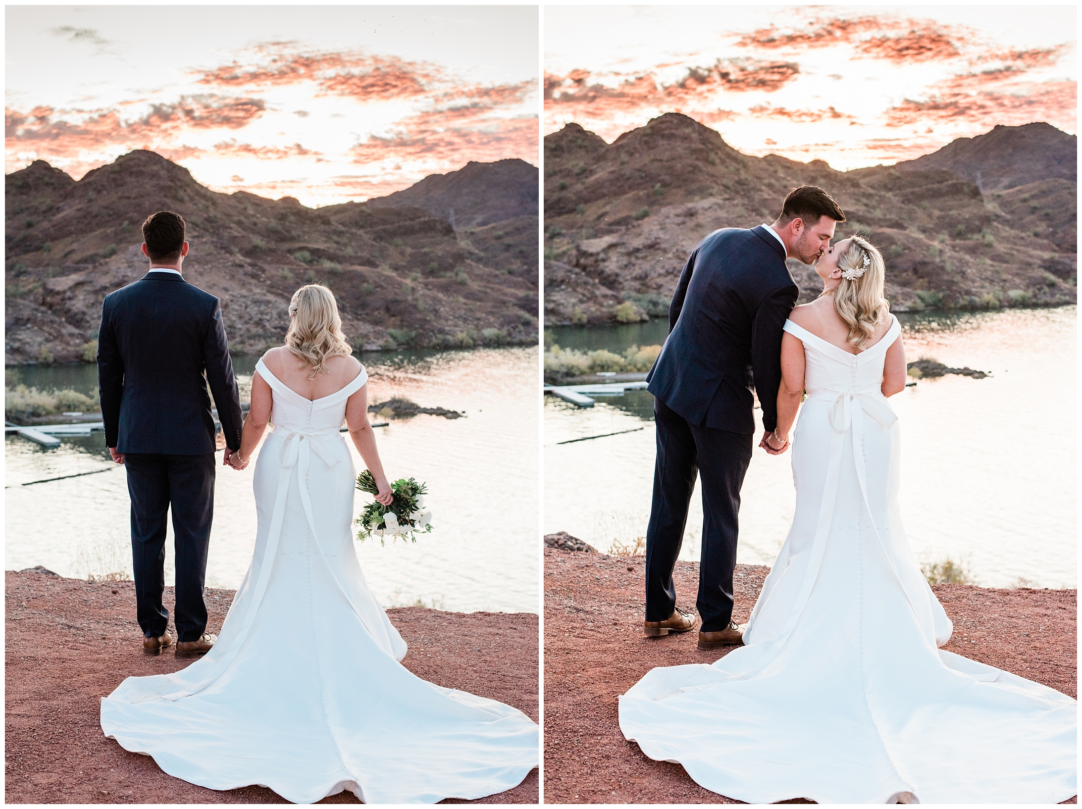 bride and groom at sunset overlooking lake havasu