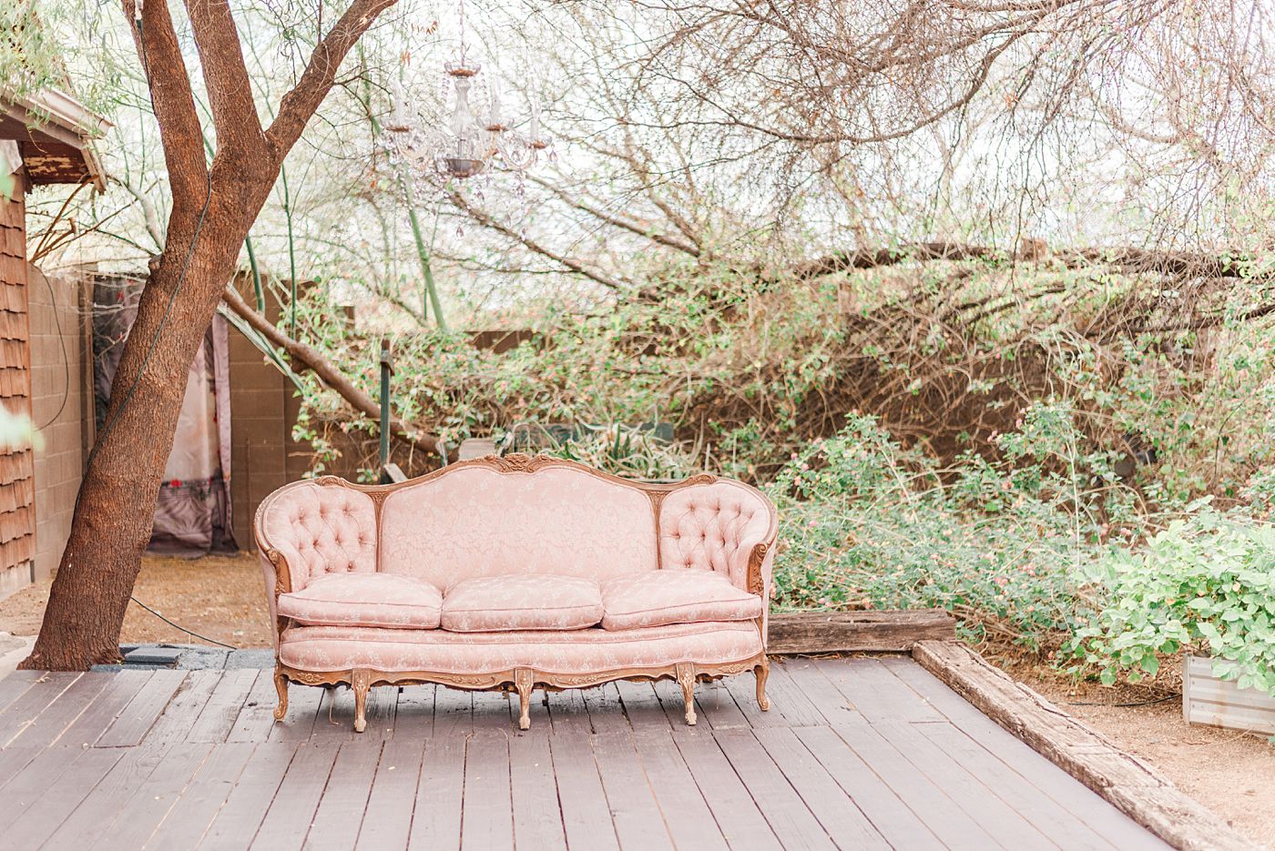 pink couch outside by trees