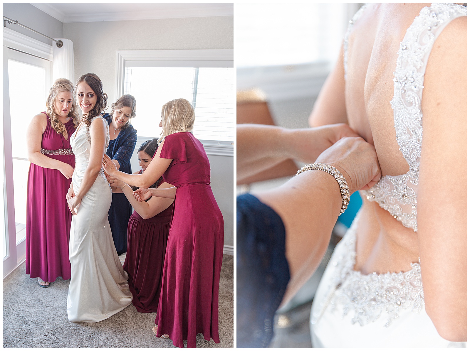 women helping bride get ready on wedding day and buttoning a white dress