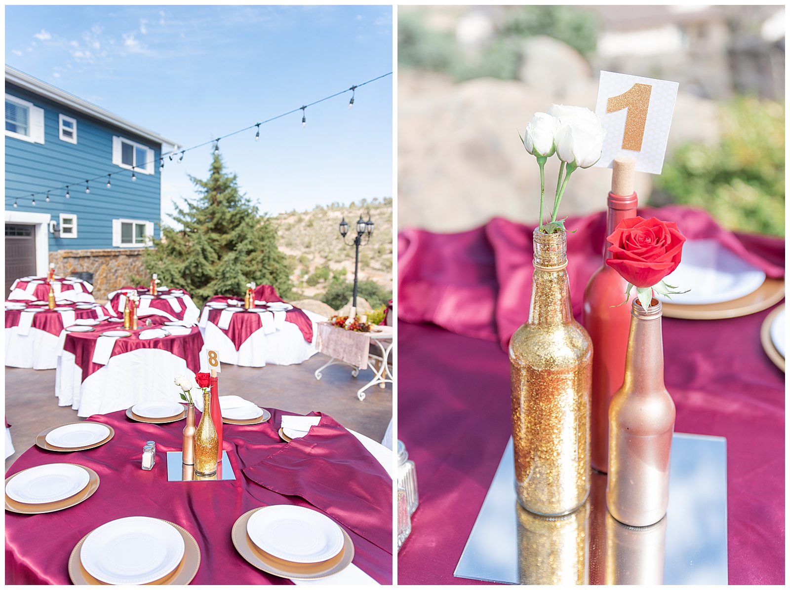 maroon table cloths with gold vases and flowers on tables