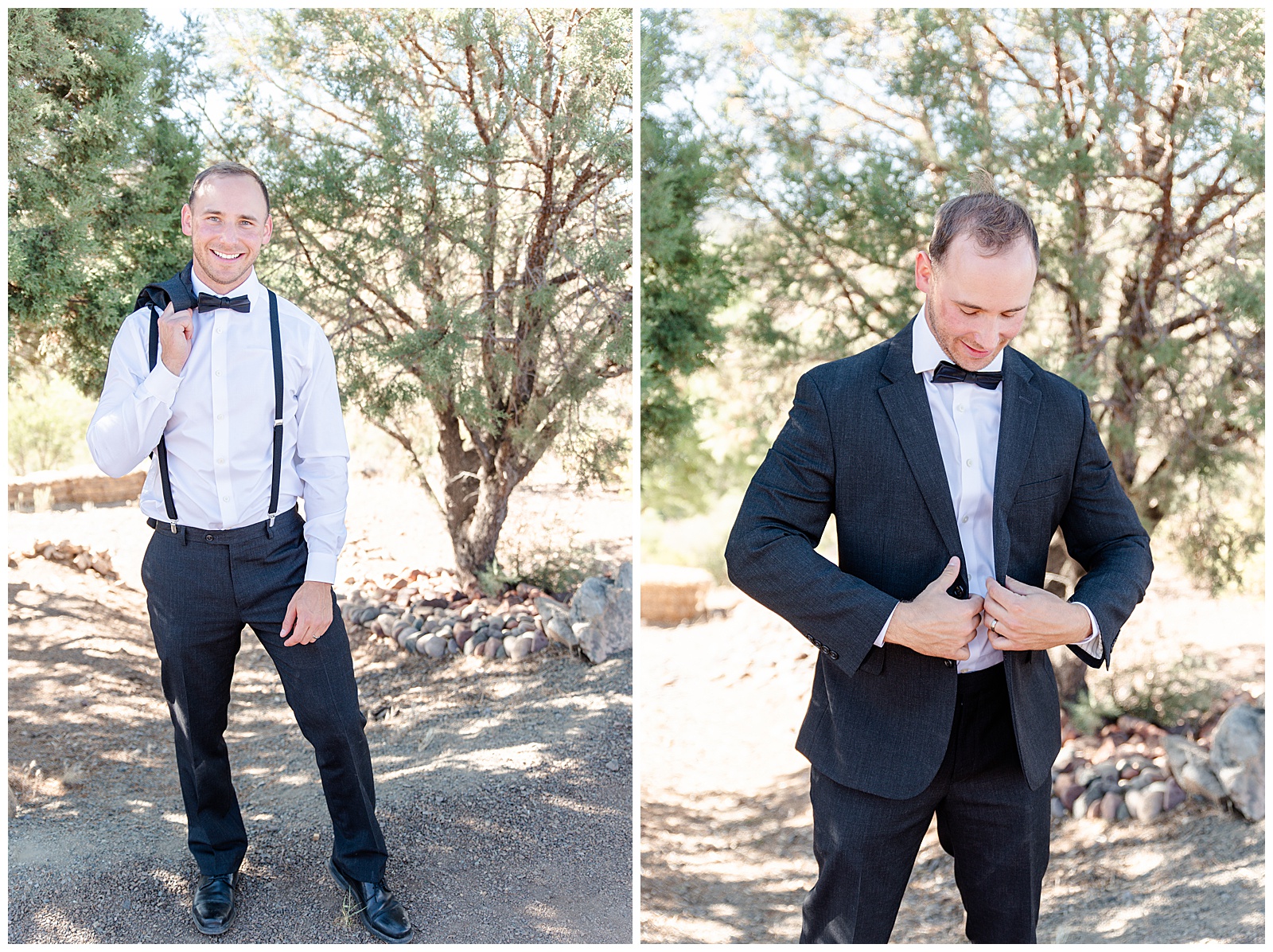 groom buttoning his black jacket suit