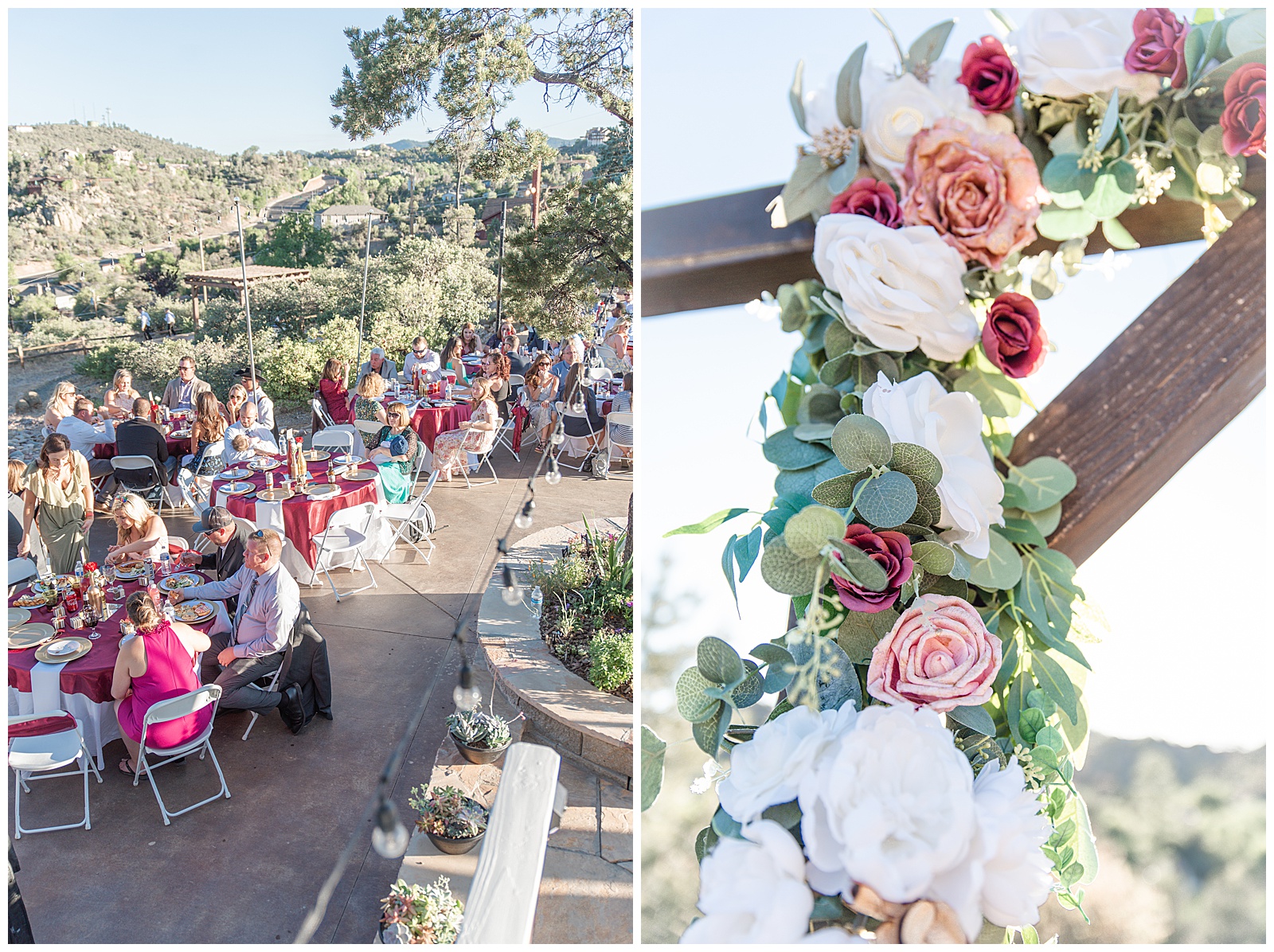 wedding guests sitting at tables with flowers and decorations