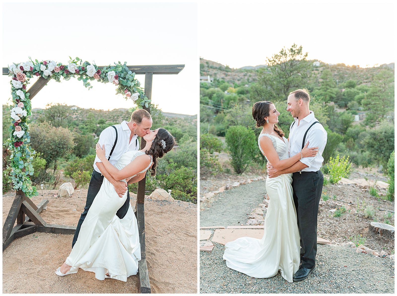 bride and groom standing by altar with sunset in the back