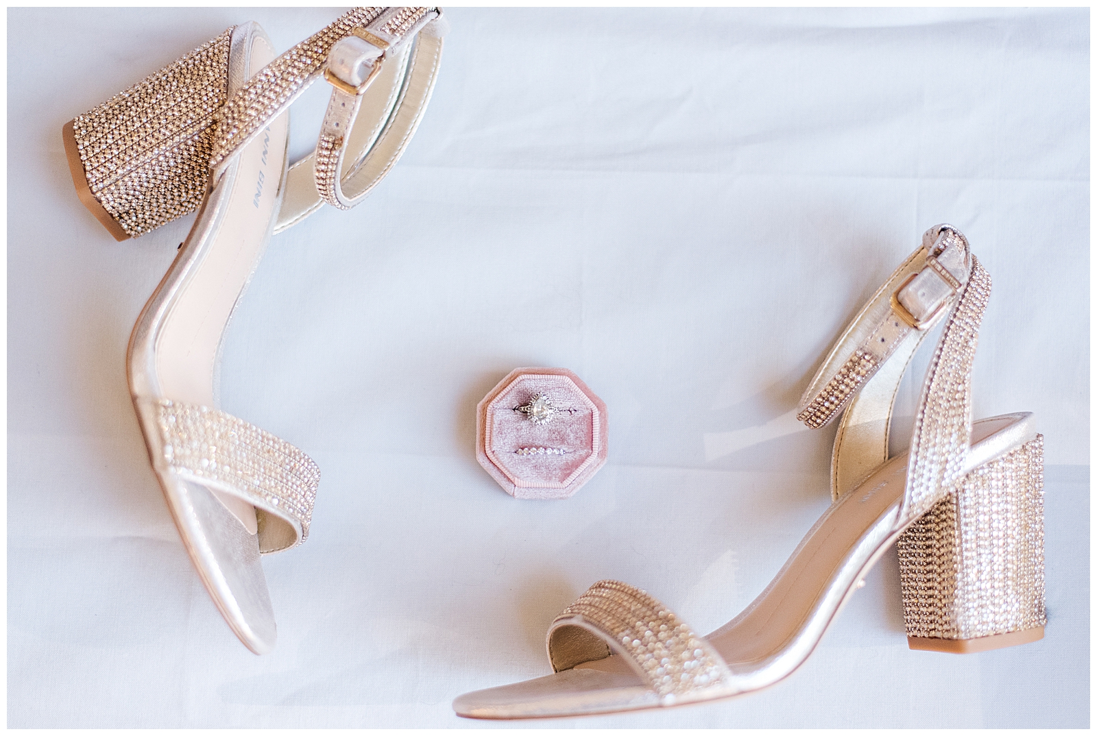 wedding ring and gold high heels