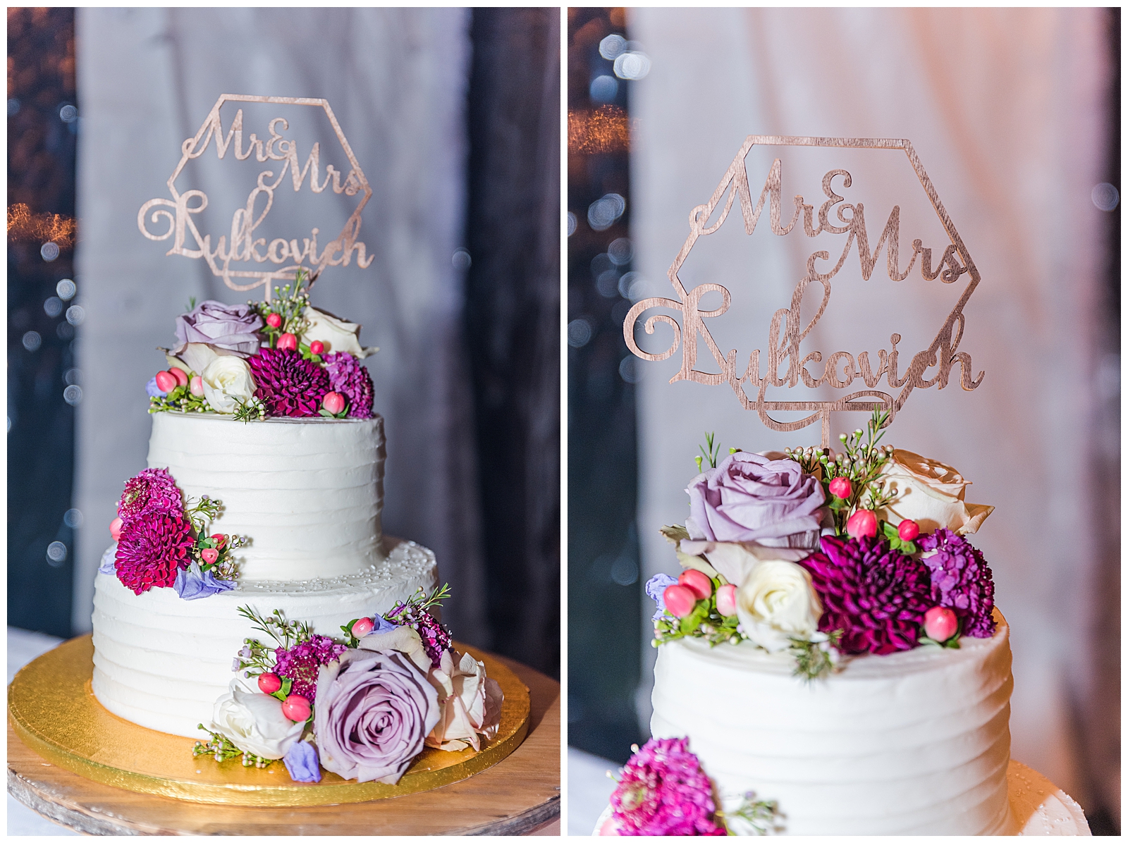 a white wedding cake with purple flowers on it
