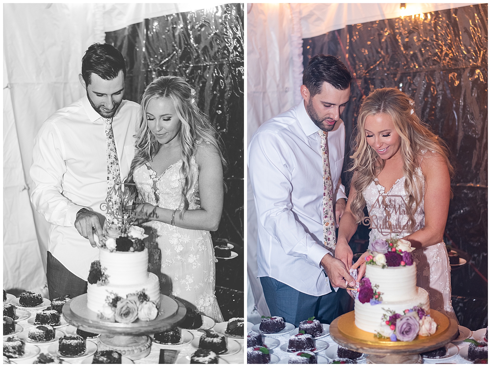 a bride and groom cutting a cake