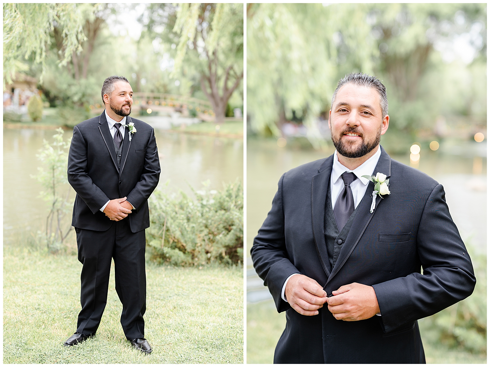 a groom in black tux standing outside