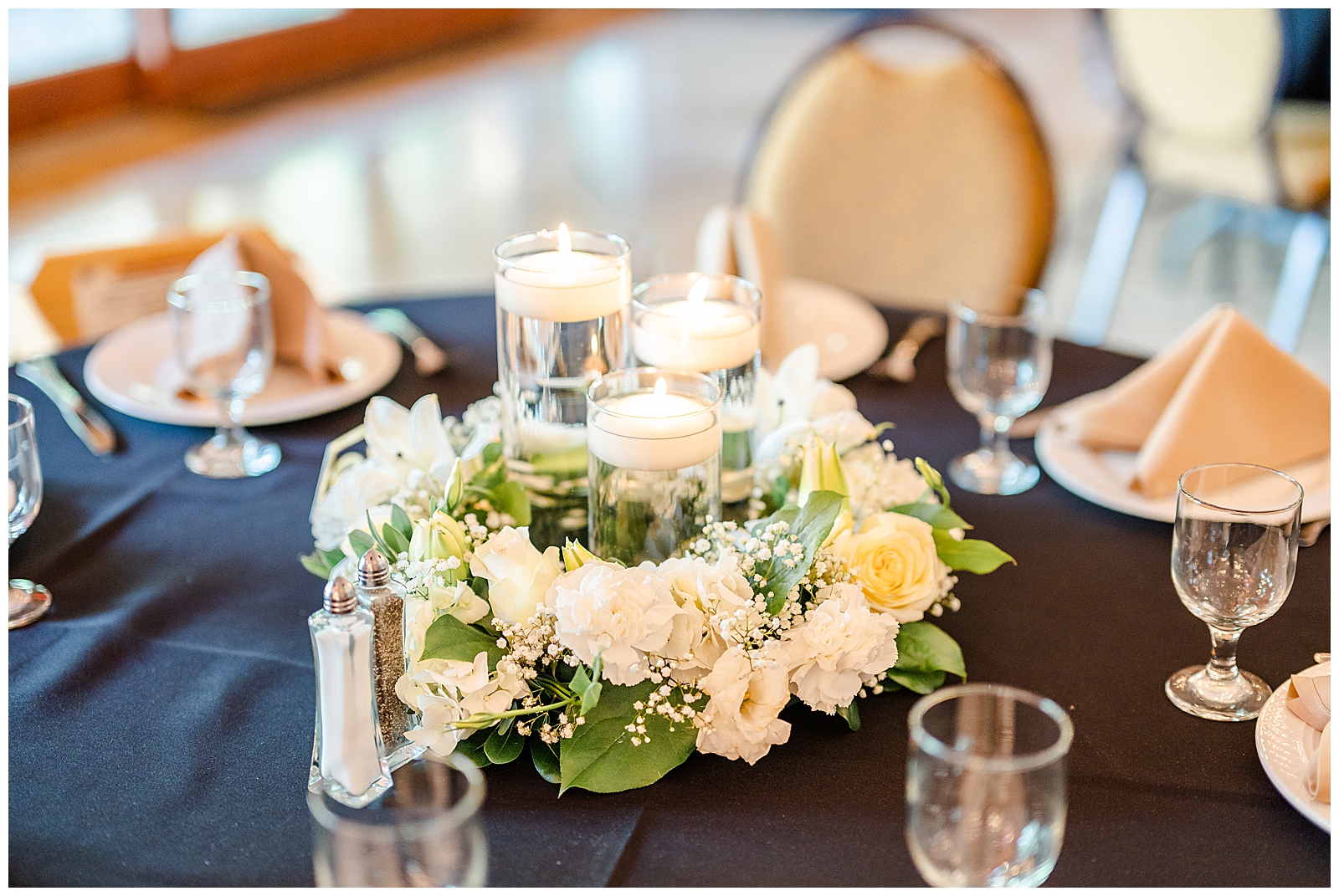 table setting with white flowers