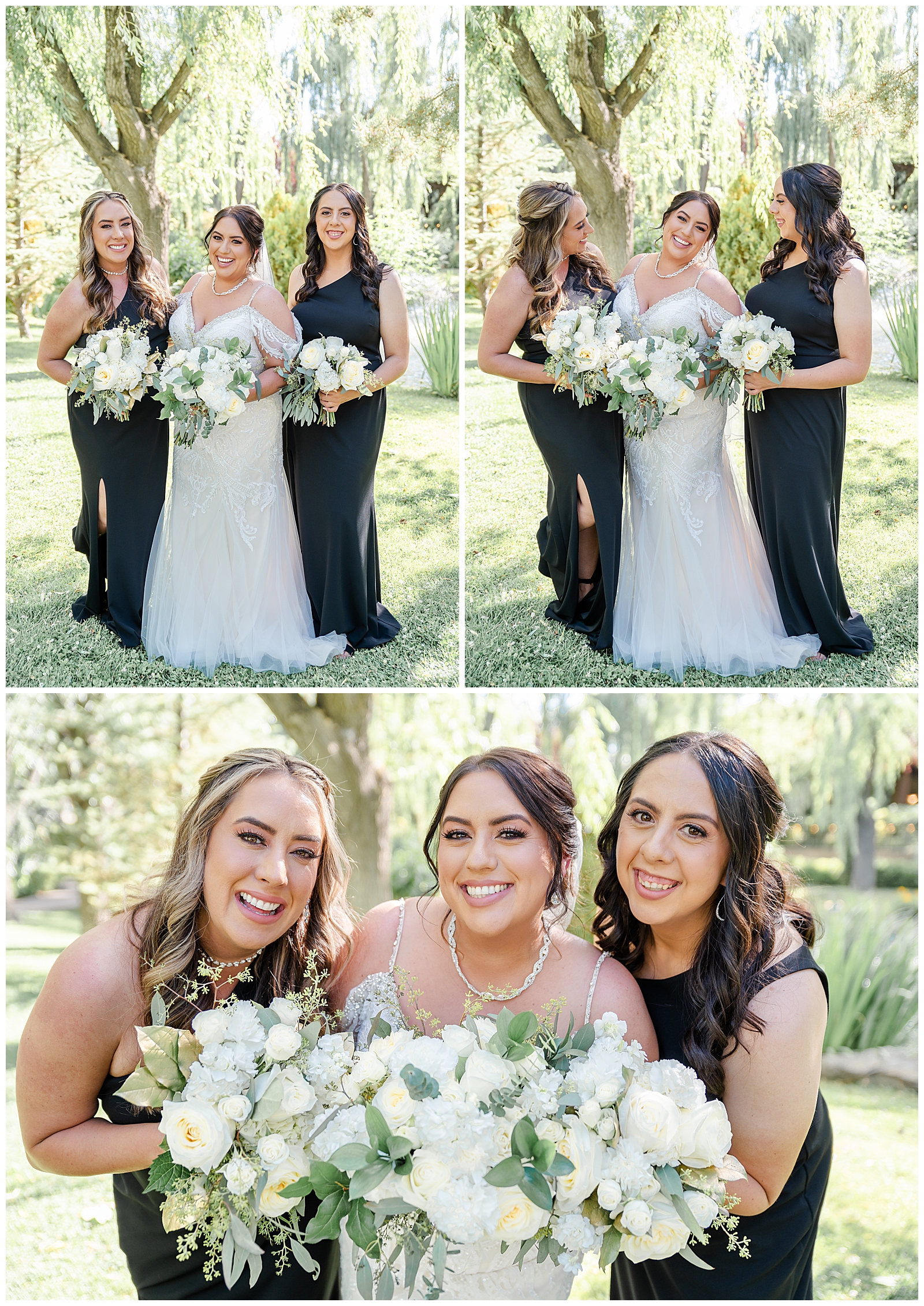 girls in black dresses standing next to bride in white dress