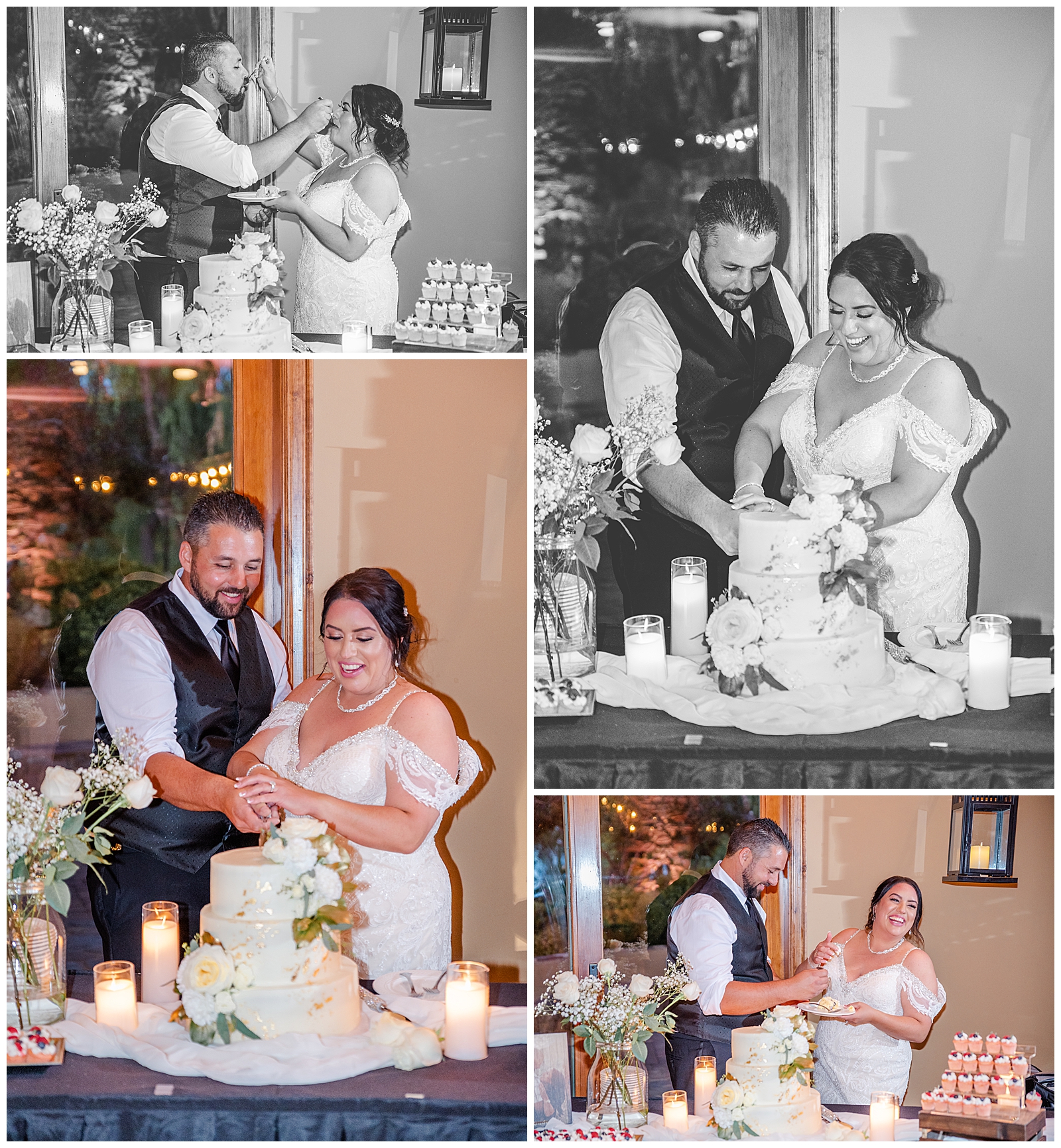 man and woman cutting into a wedding cake indoors