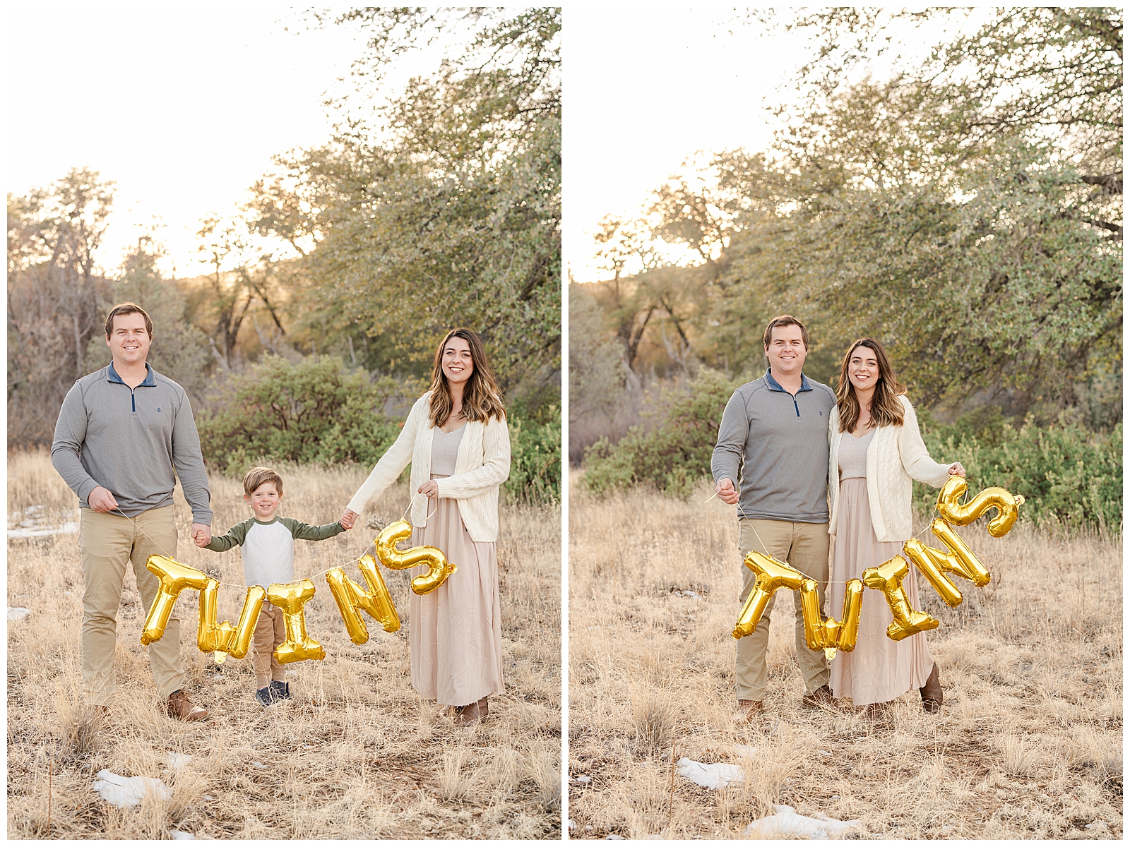 man and woman outside holding gold pregnancy announcement balloon