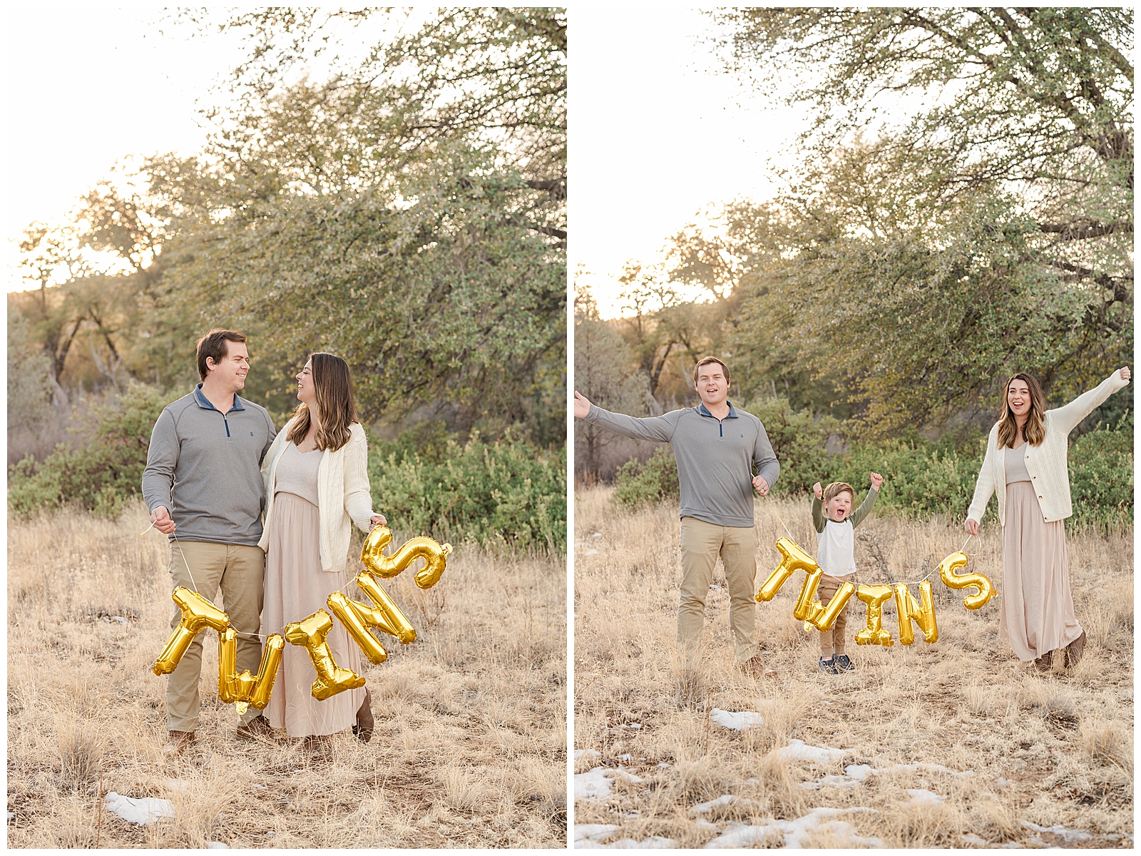 a family of three holding balloons that spell the word "twins"