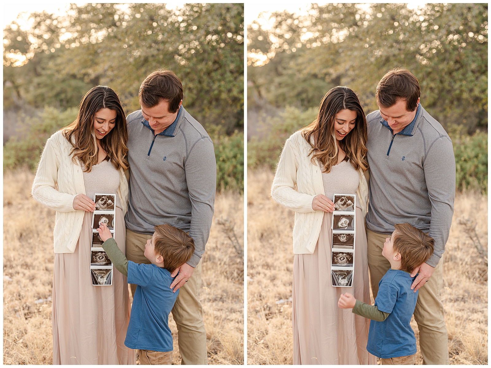 a mom and dad holding a ultrasound sonogram showing their little boy