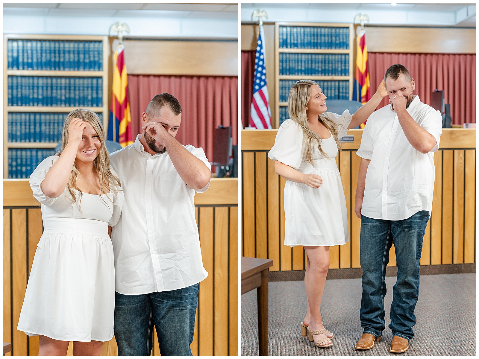 man and woman wearing white smiling and crying