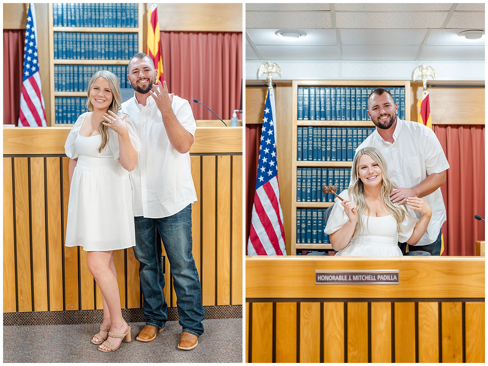 man and woman wearing white in front of american flag