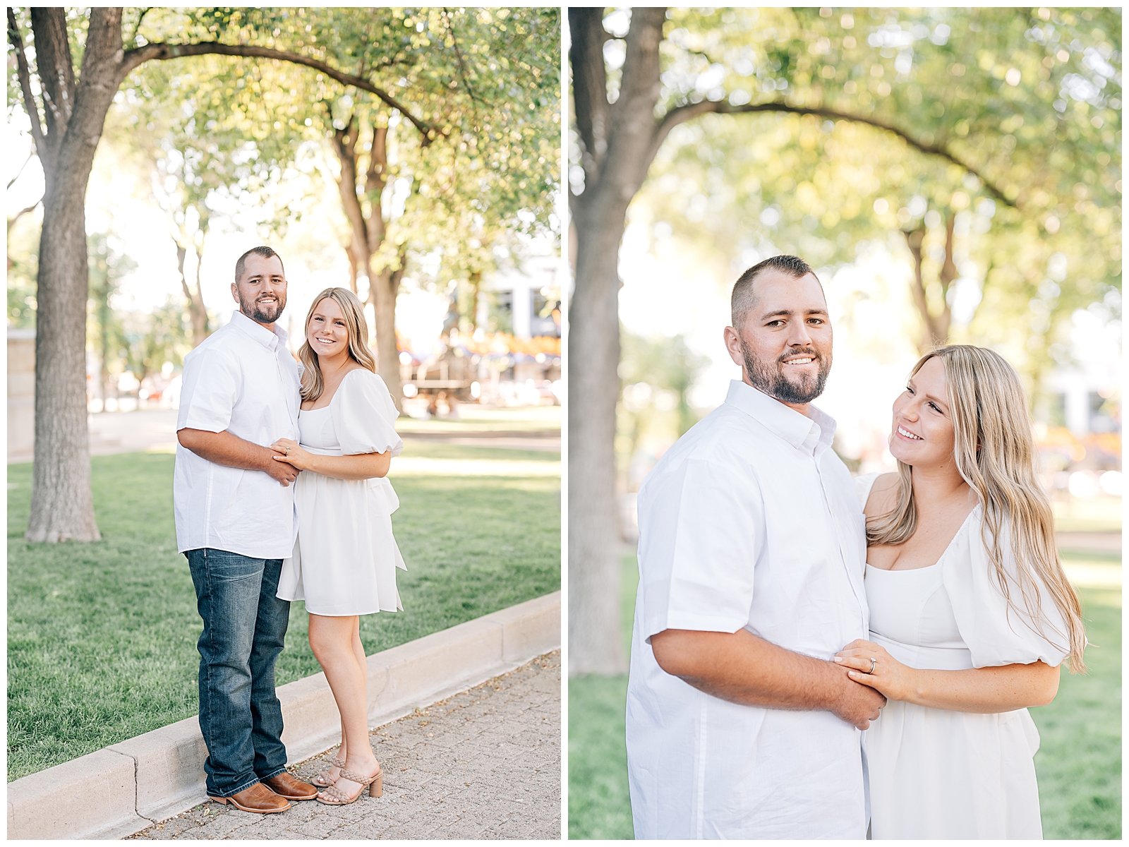 man and wife wearing white standing on green grass in park