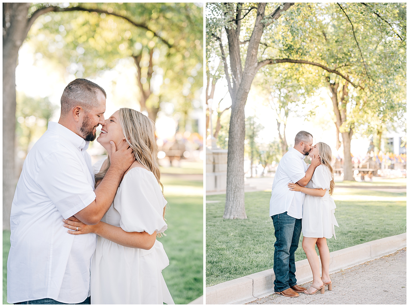 man and wife wearing white kissing on green grass in park