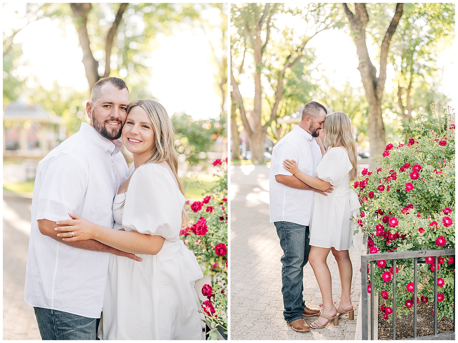 man and wife wearing white standing together on green grass in park in front of red roses