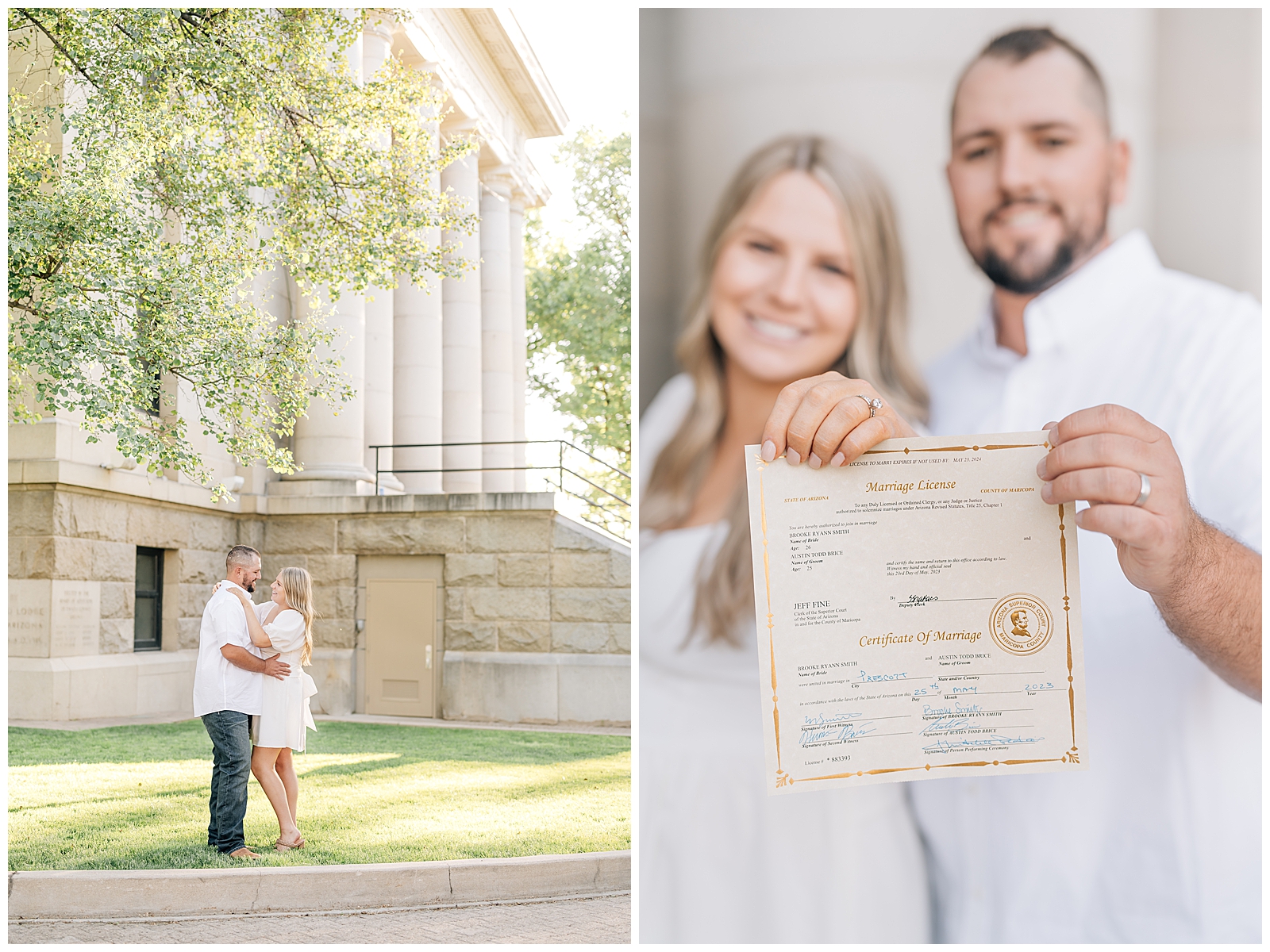 woman and man holding up marriage certificate outside