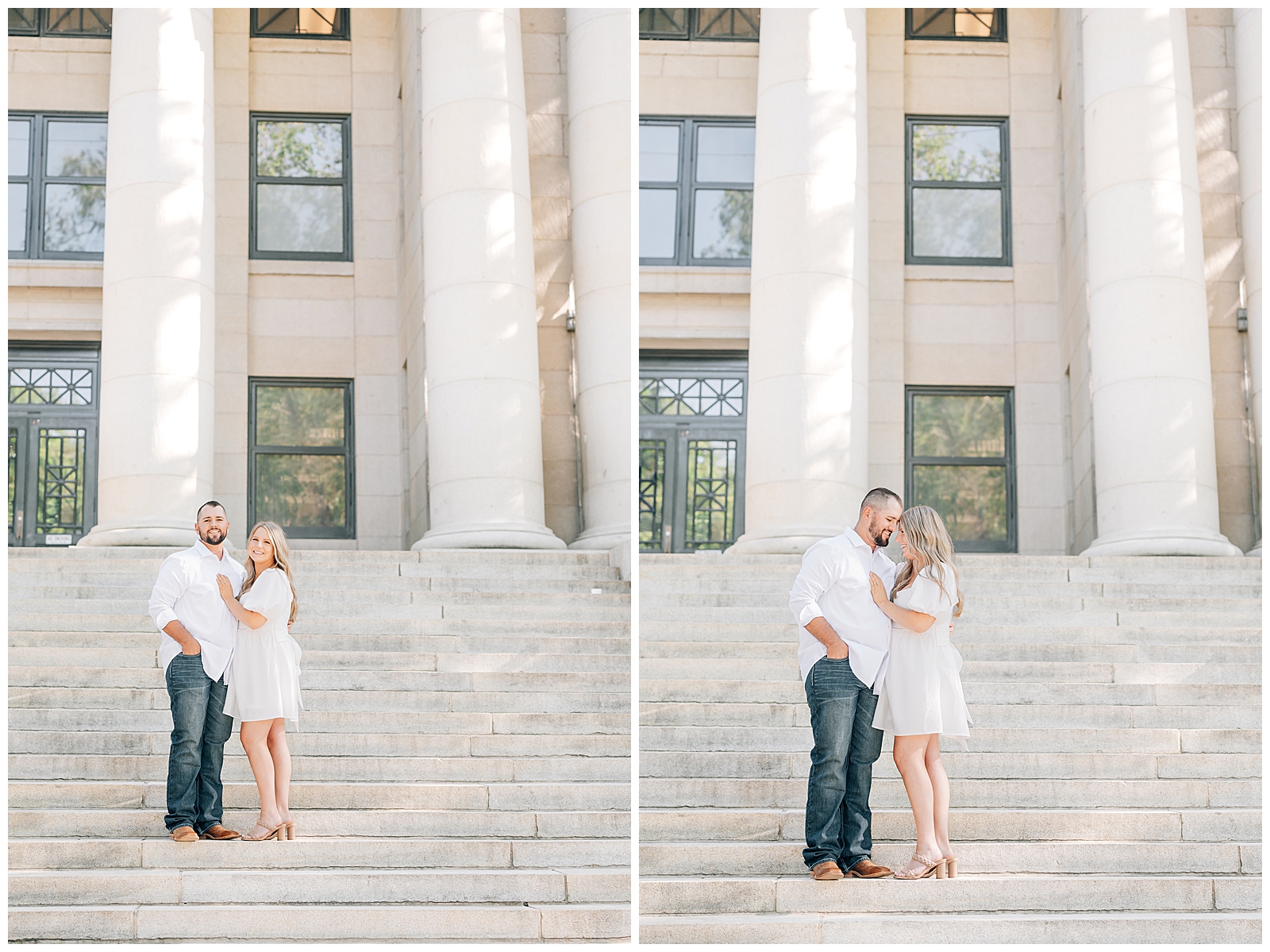 man and woman standing on steps wearing white