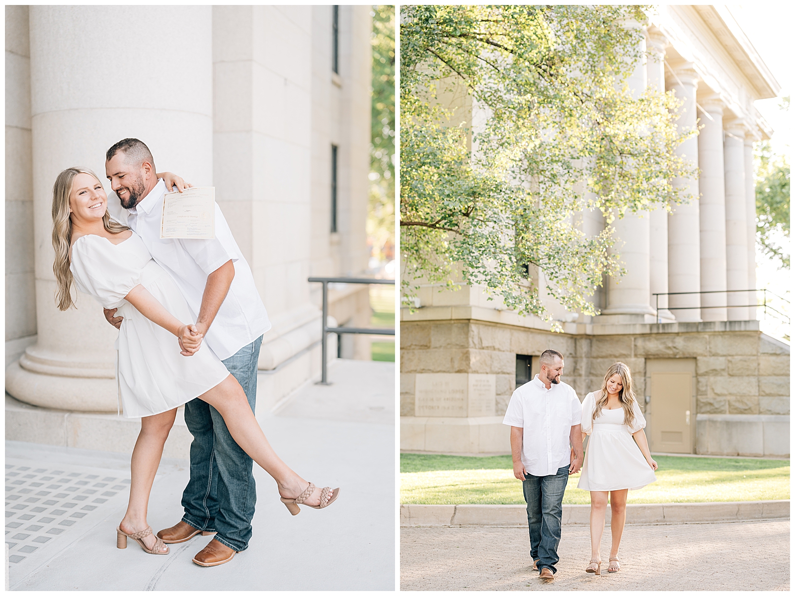 man and woman wearing white and walking outside together in park