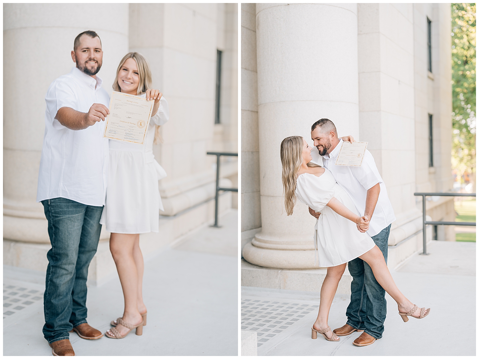 man and woman wearing white standing in front of white courthouse