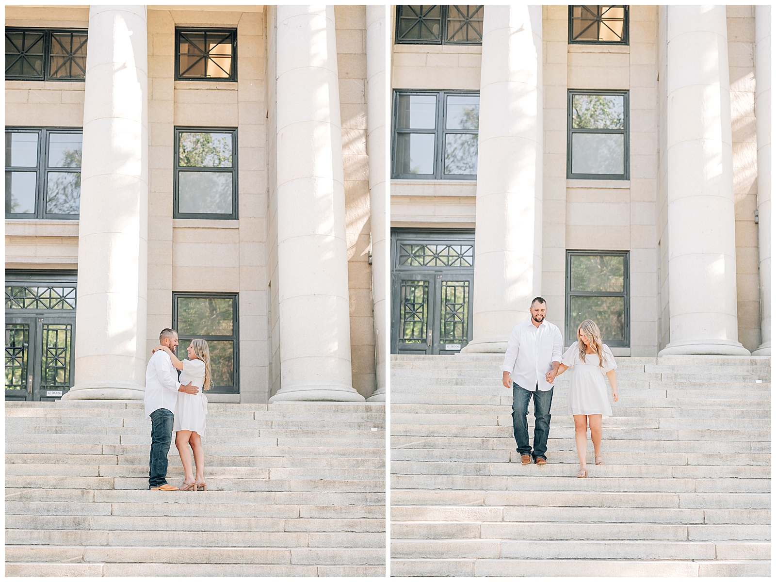 man and woman walking down steps outside wearing white