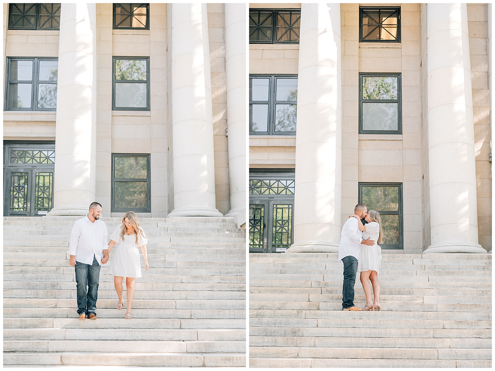 man and woman walking down stairs wearing white